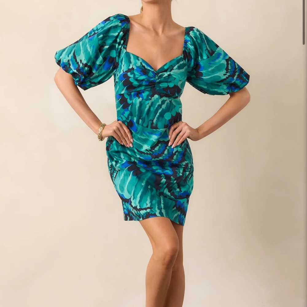 Elegant Teal and Blue Puff Sleeve Dress NEW WITHOUT TAGS